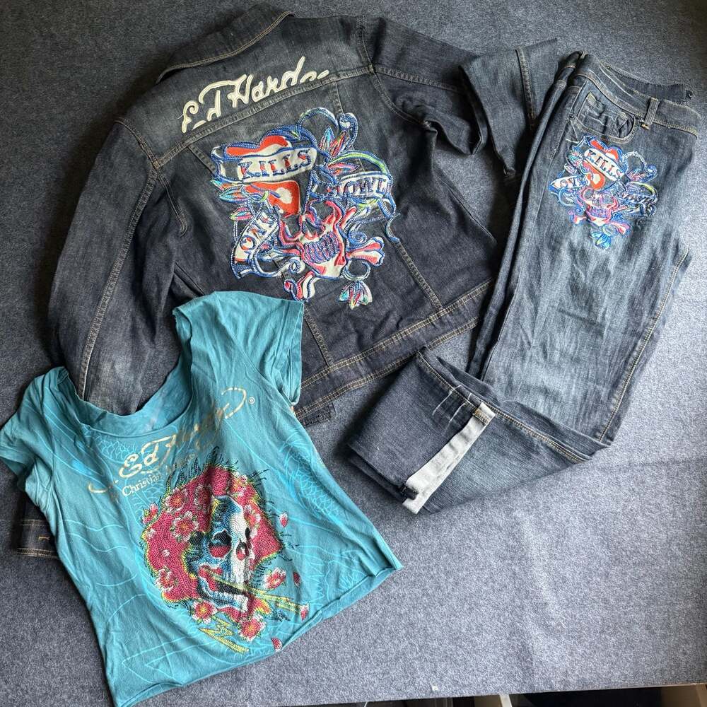 Ed Hardy 3-Piece Set Rhinestone Denim Jacket Jeans, and Graphic T-Shirt